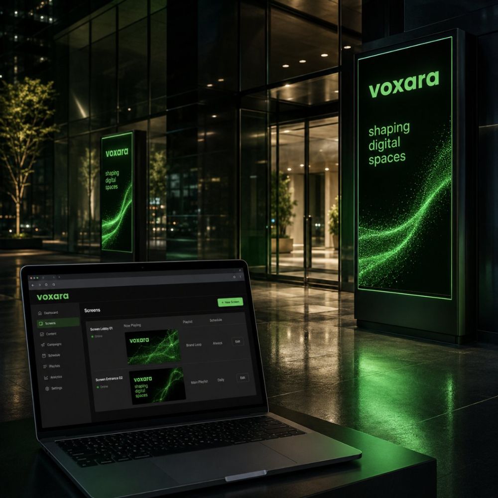 voxara Web & Digital Signage — Display-Stelen in einer Lobby mit CMS